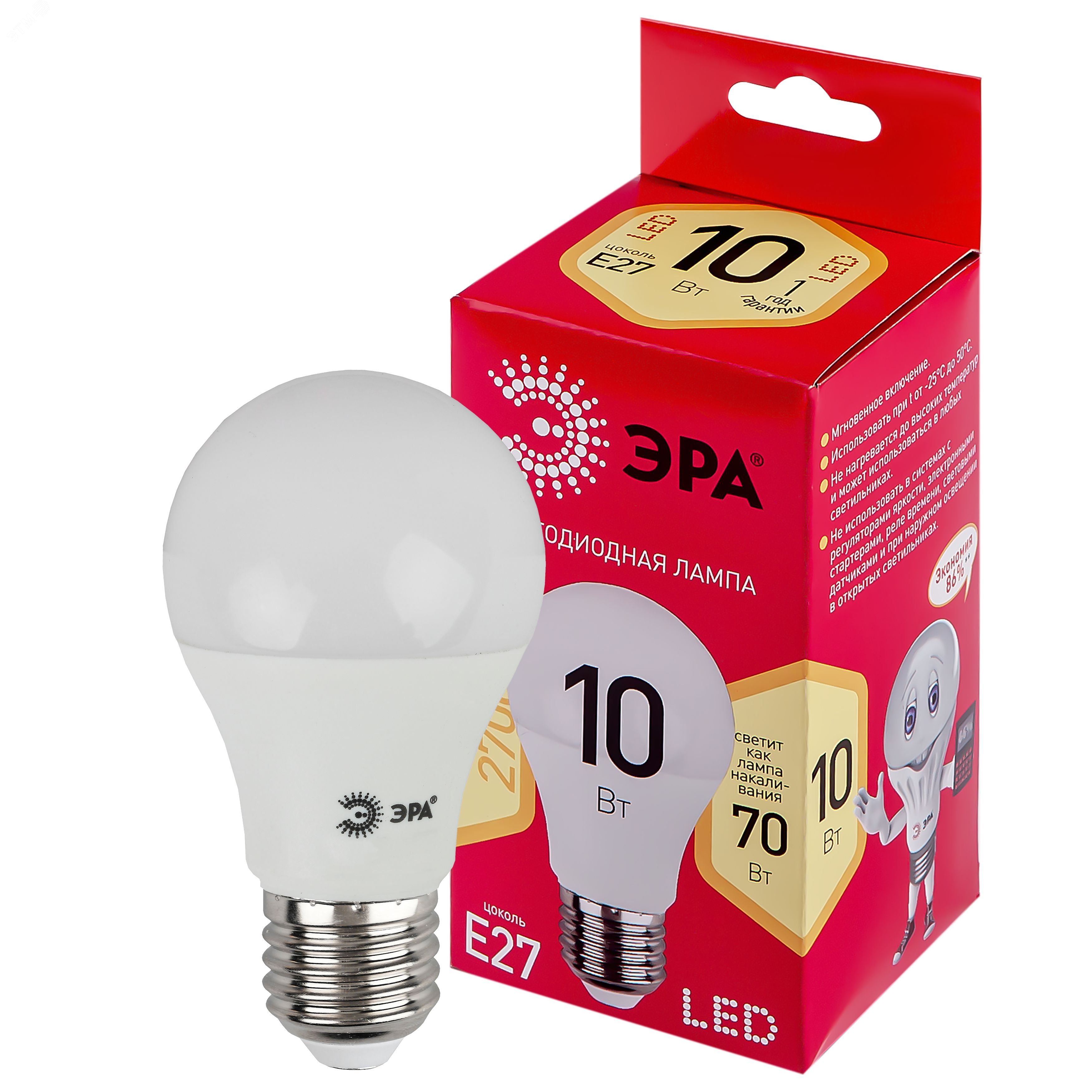 Лампа светодиодная RED LINE LED A60-10W-827-E27 R 10Вт A60 груша 2700К тепл. бел. E27 Б0049634 - Эра