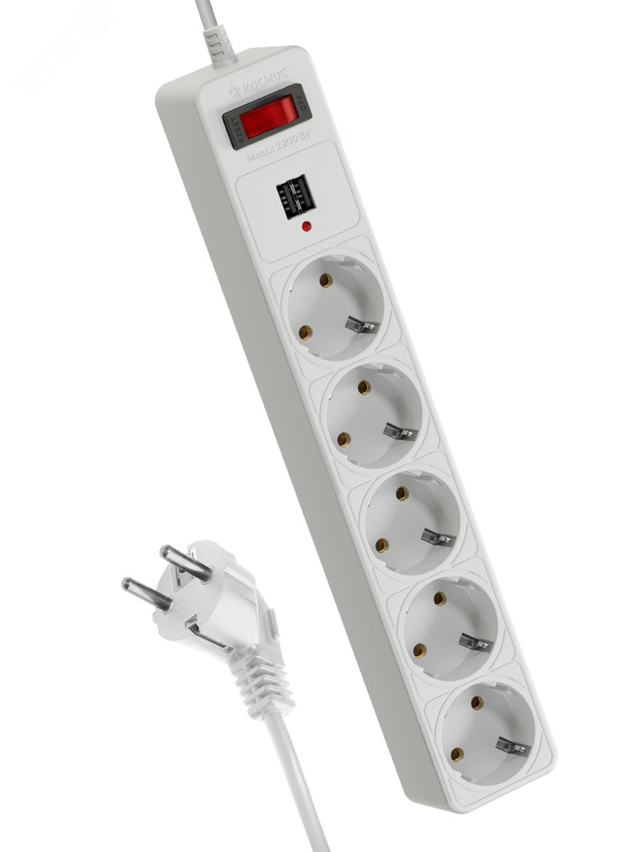 Удлинитель с сетевым фильтром 5х3м с заземл. 10А IP20 2.2кВт 2хUSB 3х0.75 с предохранителем FKsm3m-5g(W)USB - Космос