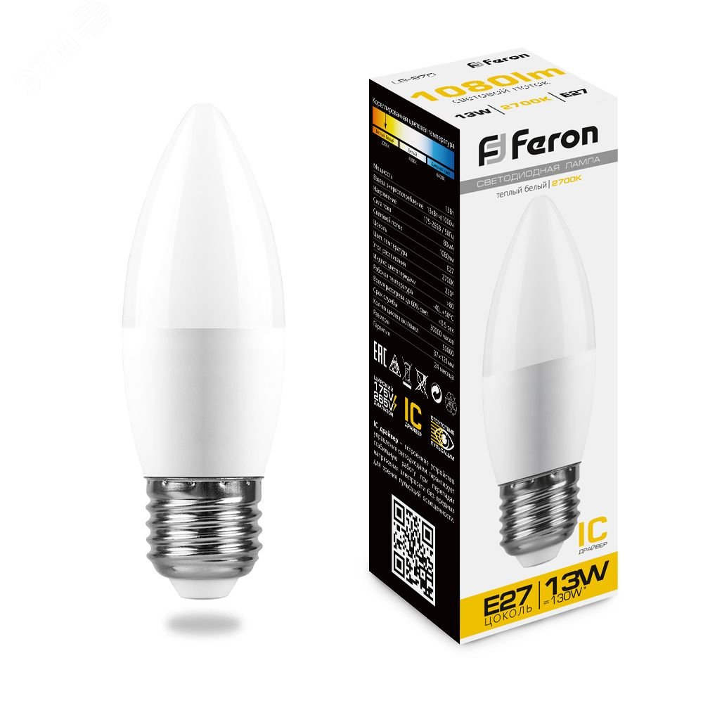 Лампа светодиодная LED 13вт E27 теплый матовая свеча 38110 - Feron