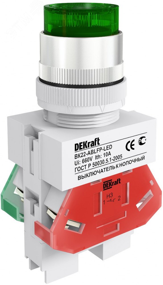 Выключатель кнопочный LED ABLFP ВК-22 d22мм 220В зел. 25026DEK - DEKraft