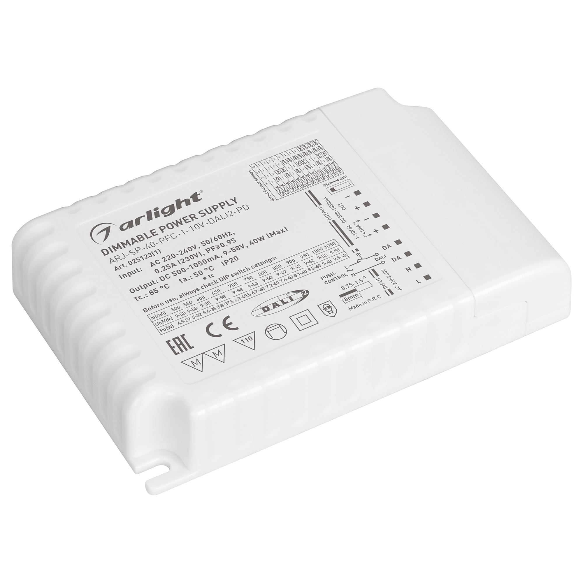 Блок питания ARJ-SP-40-PFC-1-10V-DALI2-PD (40W, 700-1200mA) 025125(1) - Arlight