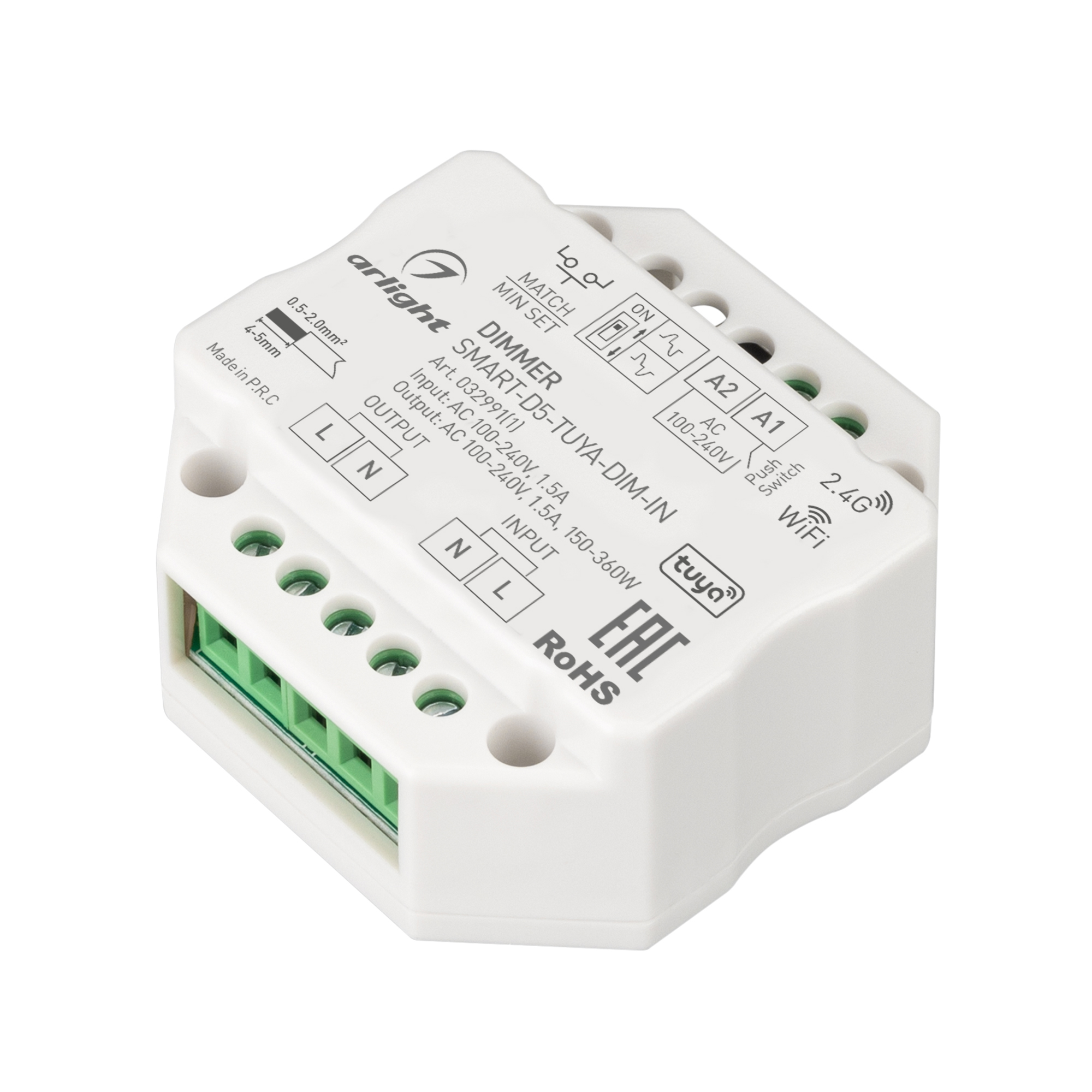 Диммер SMART-D5-TUYA-DIM-IN (230V, 1.5A, TRIAC, WiFi, 2.4G) 032991(1) - Arlight