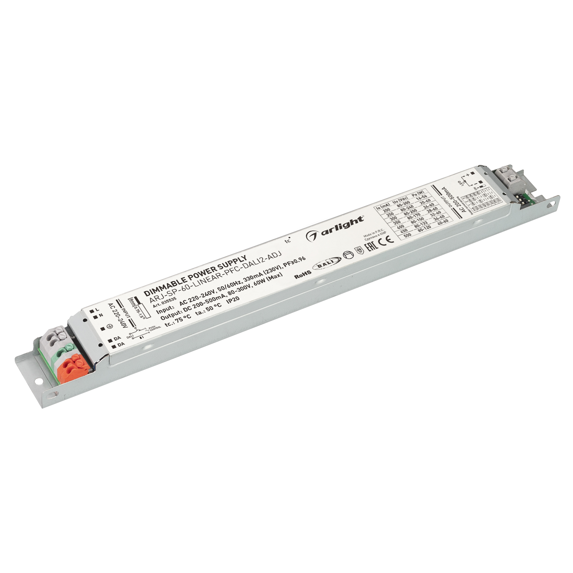 Блок питания ARJ-SP-60-LINEAR-PFC-DALI2-ADJ (60W, 80-300V, 0.2-0.5A) 035535 - Arlight