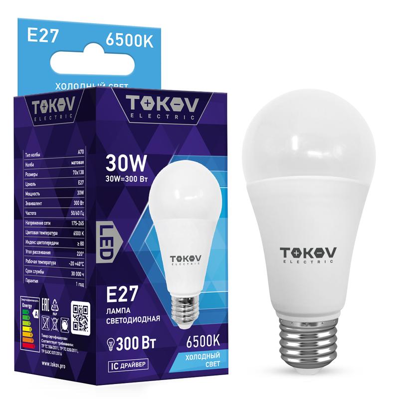 Лампа светодиодная 30Вт А70 6500К Е27 176-264В TKE-A70-E27-30-6.5K - TOKOV ELECTRIC