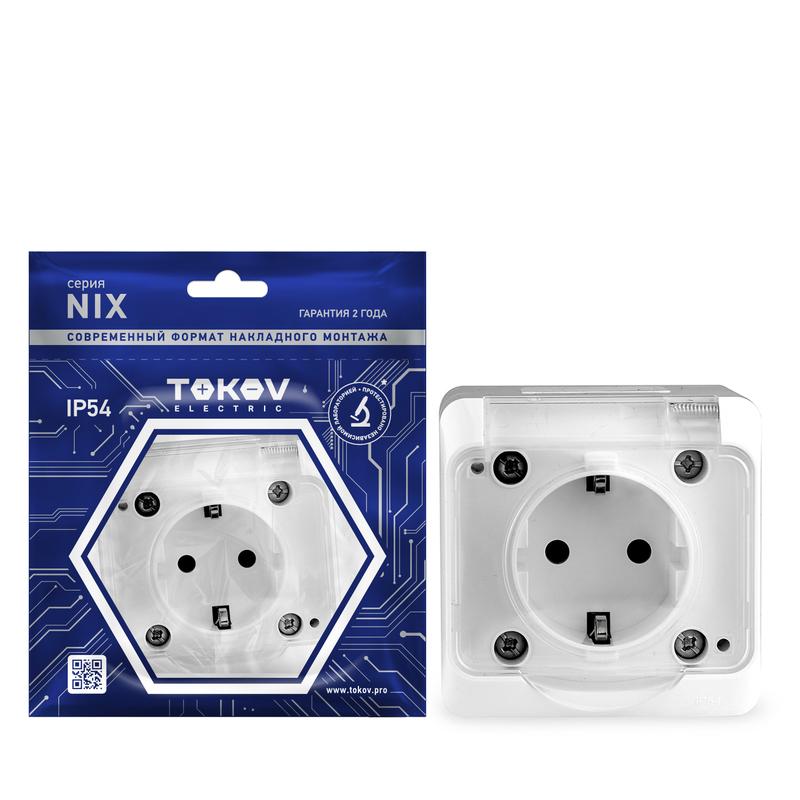 Розетка 1-м ОП Nix 16А IP54 250В с заземл. с прозр. крышкой бел. TKE-NX-R1Z-C01T-IP54 - TOKOV ELECTRIC