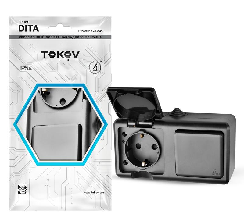 Блок ОП Dita (розетка 16А 250В с заземл. + 1-кл. выкл. 10А) IP54 карбон TKL-DT-V1RZ-C14-IP54 - TOKOV ELECTRIC