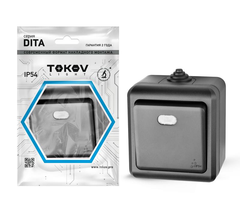 Выключатель 1-кл. ОП Dita IP54 10А 250В с индикацией карбон TKL-DT-V1I-C14-IP54 - TOKOV ELECTRIC