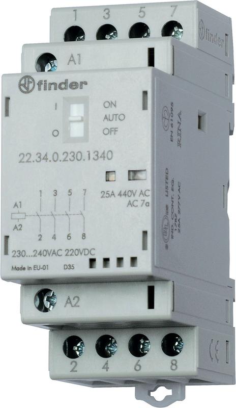 Контактор модульный 4NO 25А AgSnO2 230В AC/DC 35мм IP20 опции: мех. индикатор + LED 223402304320 - FINDER