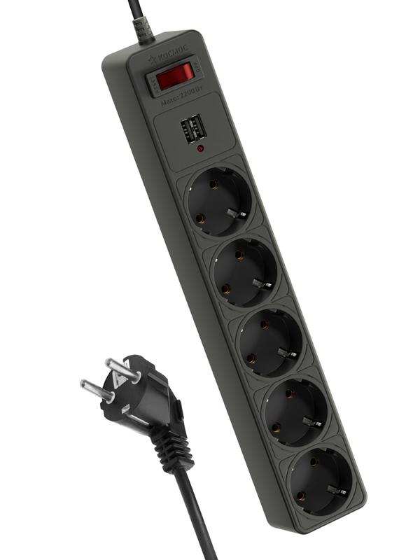 Удлинитель с сетевым фильтром 5х3м с заземл. 10А IP20 2.2кВт 2хUSB 3х0.75 с предохранителем FKsm3m-5g(B)USB - Космос