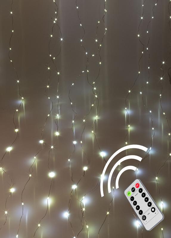 Гирлянда светодиодная "Дождь" 3х3м 300LED с крючками для крепления тепл. бел. 8 режимов мигания питание от USB 5В пульт ДУ КОСМОС KOC_CUR-U103 - Космос