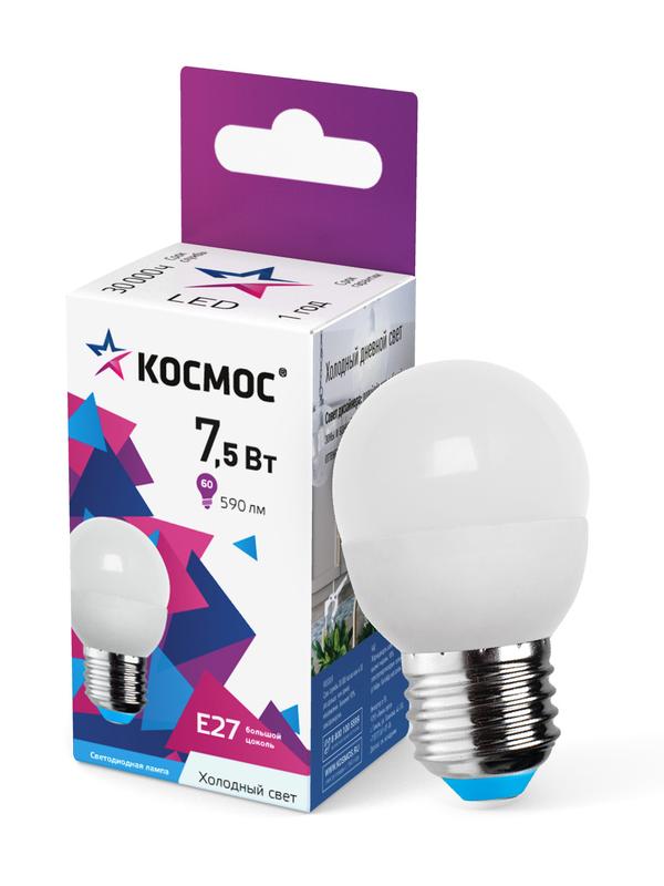 Лампа светодиодная 7.5Вт шар 6500К холод. бел. E27 220В КОСМОС LkecLED7.5wGL45E2765 - Космос