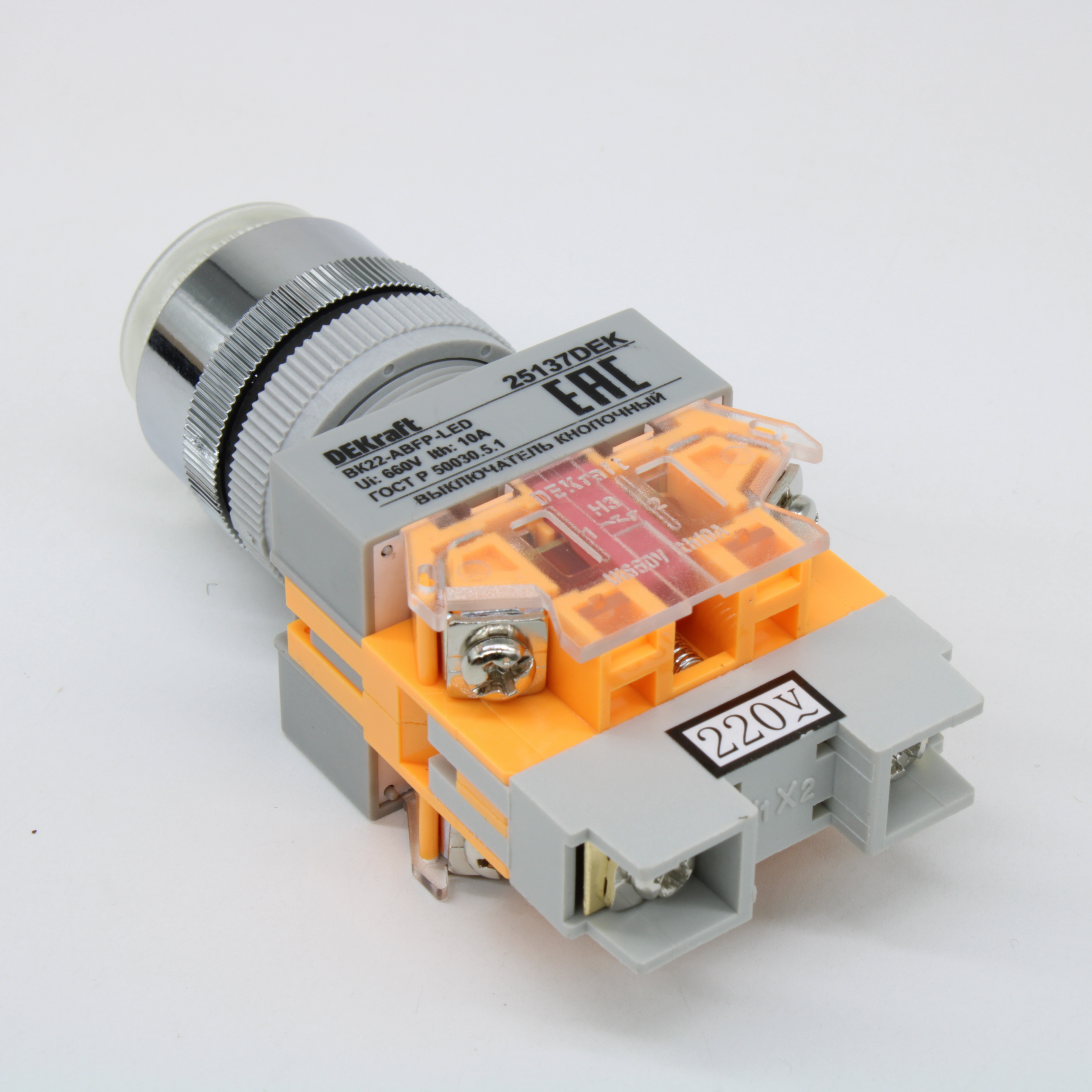 Выключатель кнопочный с фиксацией ABFP d22 мм белая LED 220В ВK-22 25137DEK - DEKraft