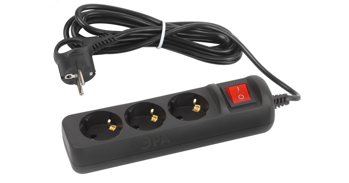 Купить Удлинитель электрический UX-3es-3m-B с заземл. с выключателем 3 розетки 3м ПВС 3х0.75кв.мм 10А черн. Б0057728 Эра оптом в Москве