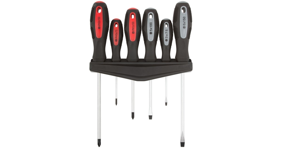 Купить Отвертки ""Мастер"", CrV сталь, прорезиненные ручки, магнитный наконечник, на держателе, набор 6 шт 55986 FIT оптом в Москве