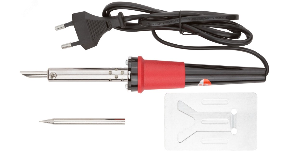 Купить Паяльник 220 В, пластиковая ручка, доп-но подставка для паяльника и два сменных жала, D=5.8 мм, 60 Вт 60482 FIT оптом в Москве