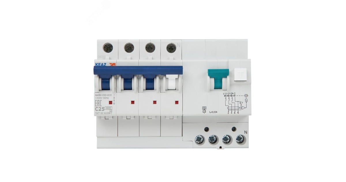 Купить АВДТ с защитой от сверхтоков OptiDin VD63-42C25-A-УХЛ4 (4P, C25, 30mA) 103478 КЭАЗ оптом в Москве