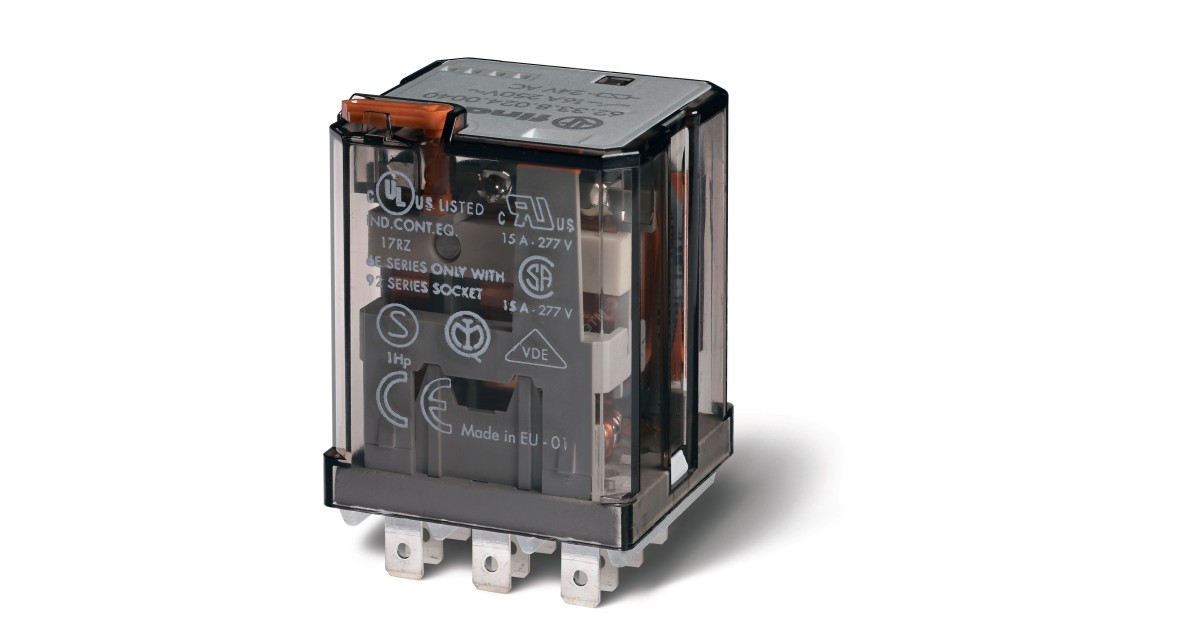 Купить Реле силовое электромеханич. монтаж в розетку или наконечники Faston 187 (4.8х0.5мм) 2CO 16А AgCdO 24В DC RTI опции: кнопка тест + мех. индикатор 623290240040 FINDER оптом в Москве