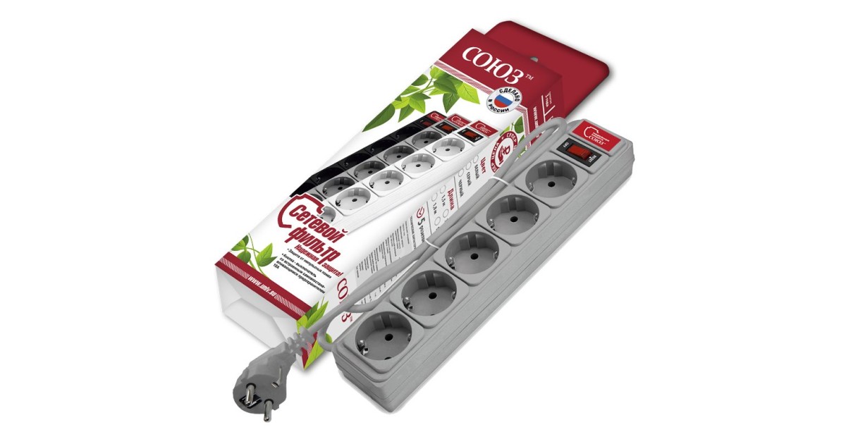 Купить Сетевой фильтр СОЮЗ ПВС 3*0,75 5гн., выключатель с индикацией, с заземлением, серый 1,5м 1328 УНИВЕРСАЛ оптом в Москве