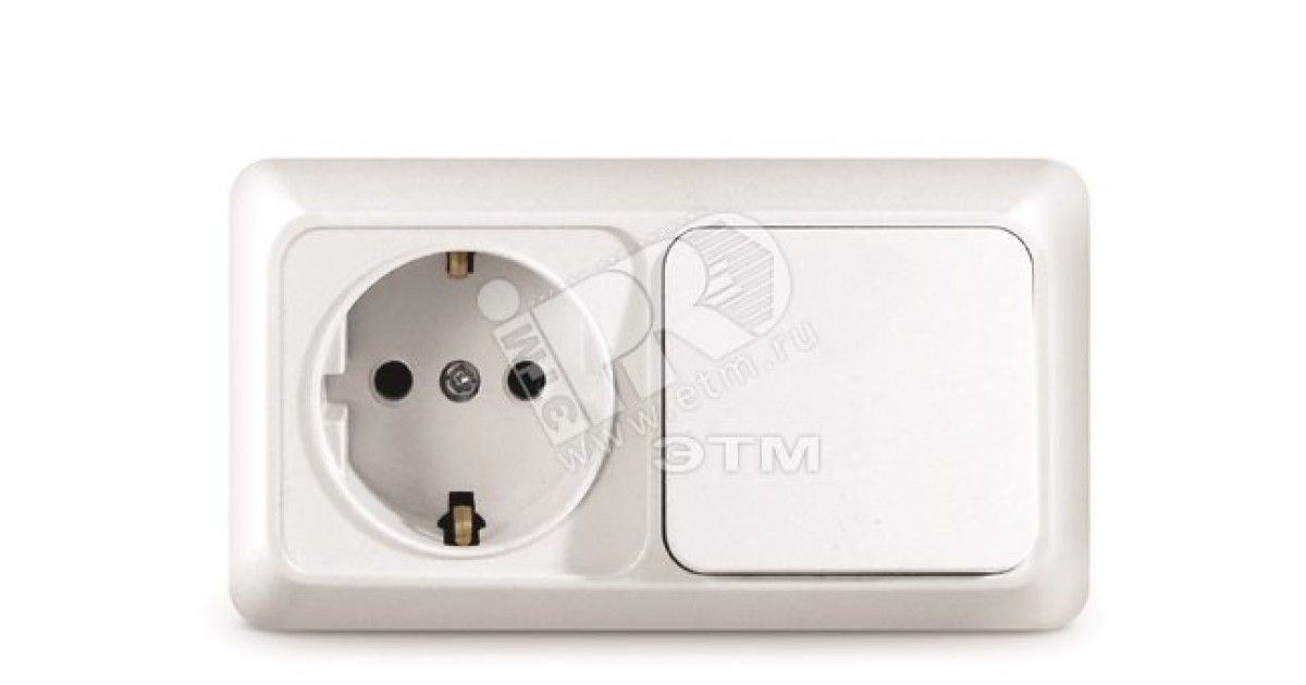 Купить Блок выключатель одноклавишный + розетка с заземлением Олимп горизонтальный белый О0032 УНИВЕРСАЛ оптом в Москве
