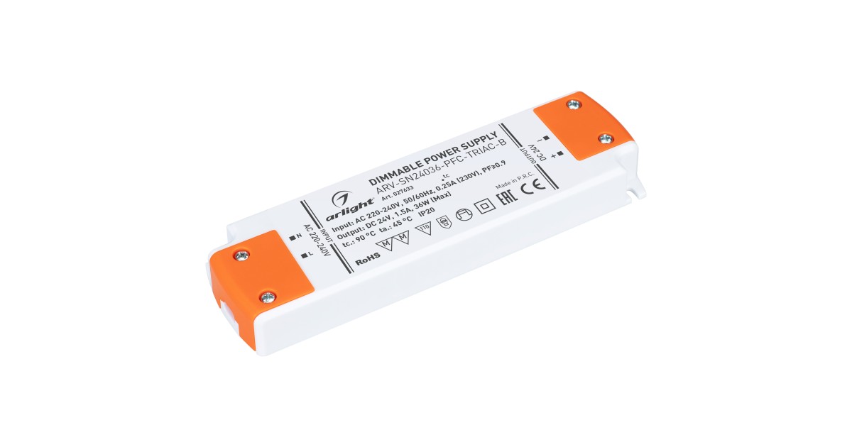 Купить Блок питания ARV-SN24036-PFC-TRIAC-B (24V, 1.5A, 36W) 027633 Arlight оптом в Москве
