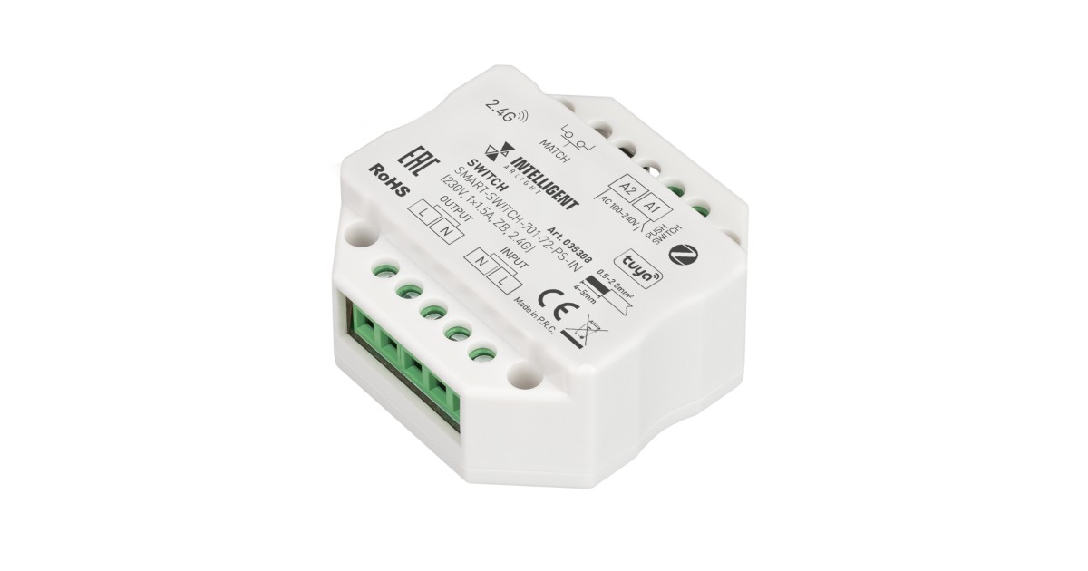 Купить INTELLIGENT ARLIGHT Релейный модуль SMART-SWITCH-701-72-PS-IN (230V, 1x1.5A, ZB, 2.4G) 035308 Arlight оптом в Москве