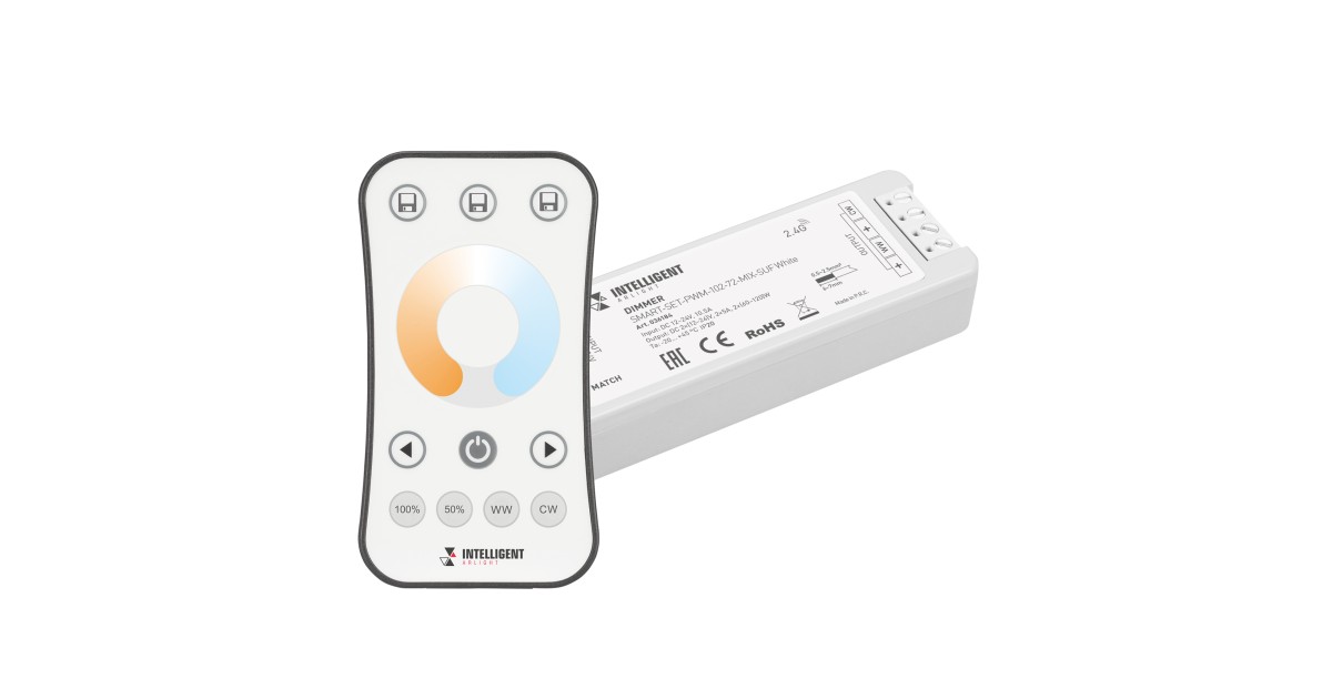 Купить INTELLIGENT ARLIGHT Диммер SMART-SET-PWM-102-72-MIX-SUF White (12-24V, 2x5A, ПДУ RING 10кн, 2.4G) 036184 Arlight оптом в Москве