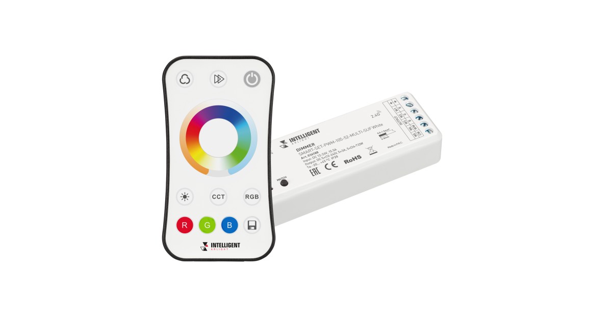 Купить INTELLIGENT ARLIGHT Диммер SMART-SET-PWM-105-52-MULTI-SUF White (12-24V, 5x3A, ПДУ RING 10кн, 2.4G) 036188 Arlight оптом в Москве
