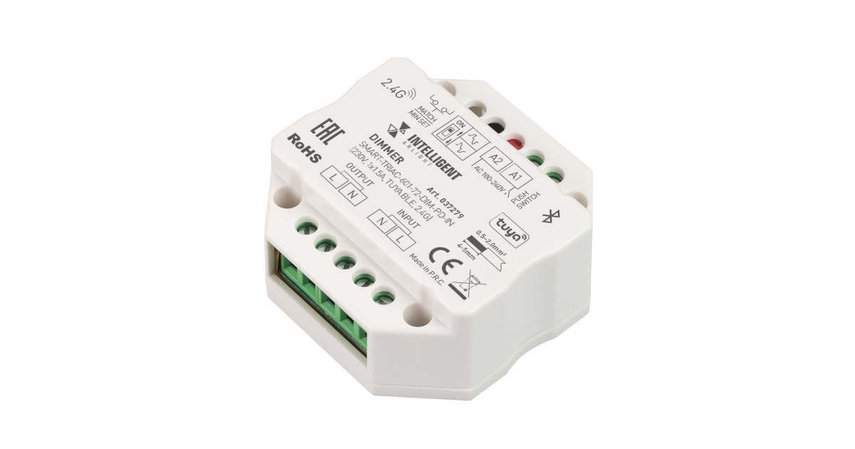 Купить INTELLIGENT ARLIGHT Диммер SMART-TRIAC-601-72-DIM-PD-IN (230V, 1x1.5A, TUYA BLE, 2.4G) 037279 Arlight оптом в Москве