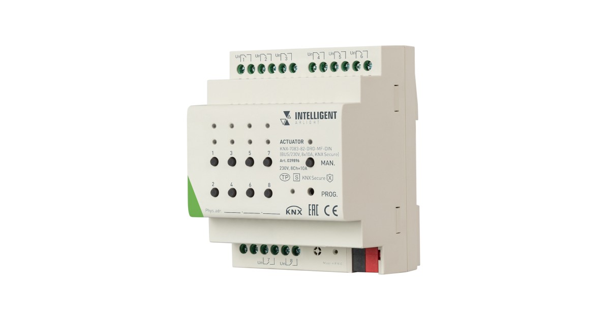 Купить INTELLIGENT ARLIGHT Актуатор KNX-7083-82-DRO-MF-DIN (BUS/230V, 8x10А, KNX Secure) 039896 Arlight оптом в Москве