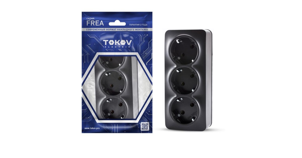 Купить Розетка 3-м ОП Frea 16А IP20 250В с заземл. АБС-пластик карбон TKE-FR-R3Z-C14 TOKOV ELECTRIC оптом в Москве