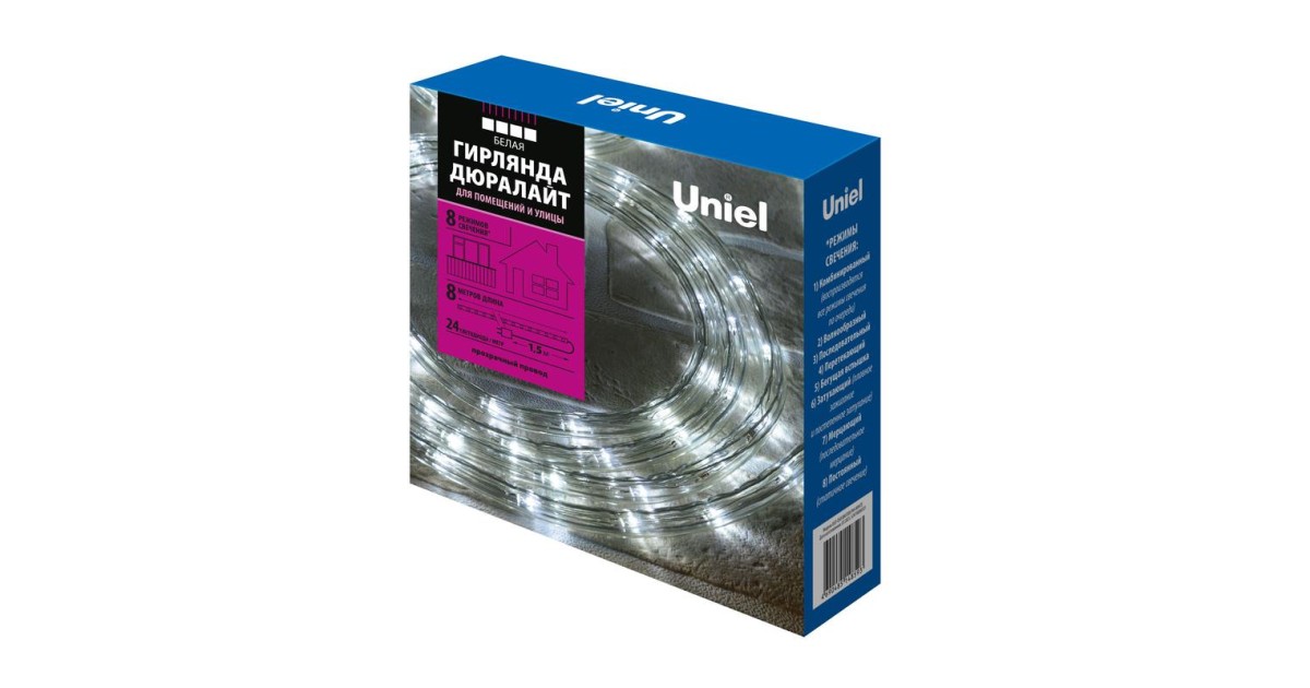 Купить Гирлянда светодиодная ULD-D50 8M/С08 IP44 WHITE Дюралайт 8м с контроллером бел. свет провод бел. Uniel UL-00008573 Uniel оптом в Москве