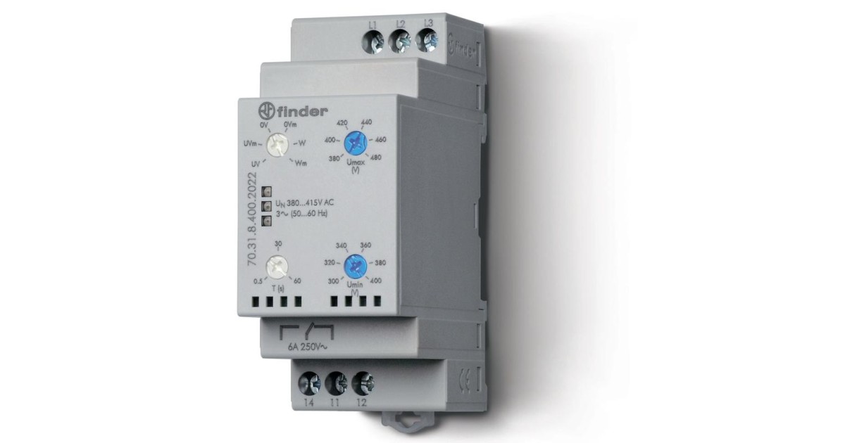 Купить Реле контрольное для 3х-фазных сетей пониженное/повышенное напряжение 1CO 6А 703184002022 FINDER оптом в Москве