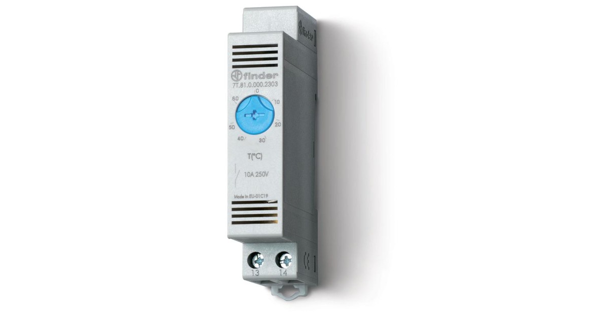 Купить Термостат щитовой для включения охлаждения диапазон температур -20… + 40град. С 1NO 10А модульный 17.5мм IP20 7T8100002301 FINDER оптом в Москве