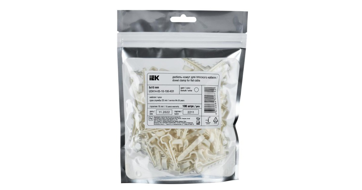 Купить Дюбель-хомут 5х10мм для плоского кабеля нейлон бел. (уп.100шт) UDH14-05-10-100-K01 IEK оптом в Москве