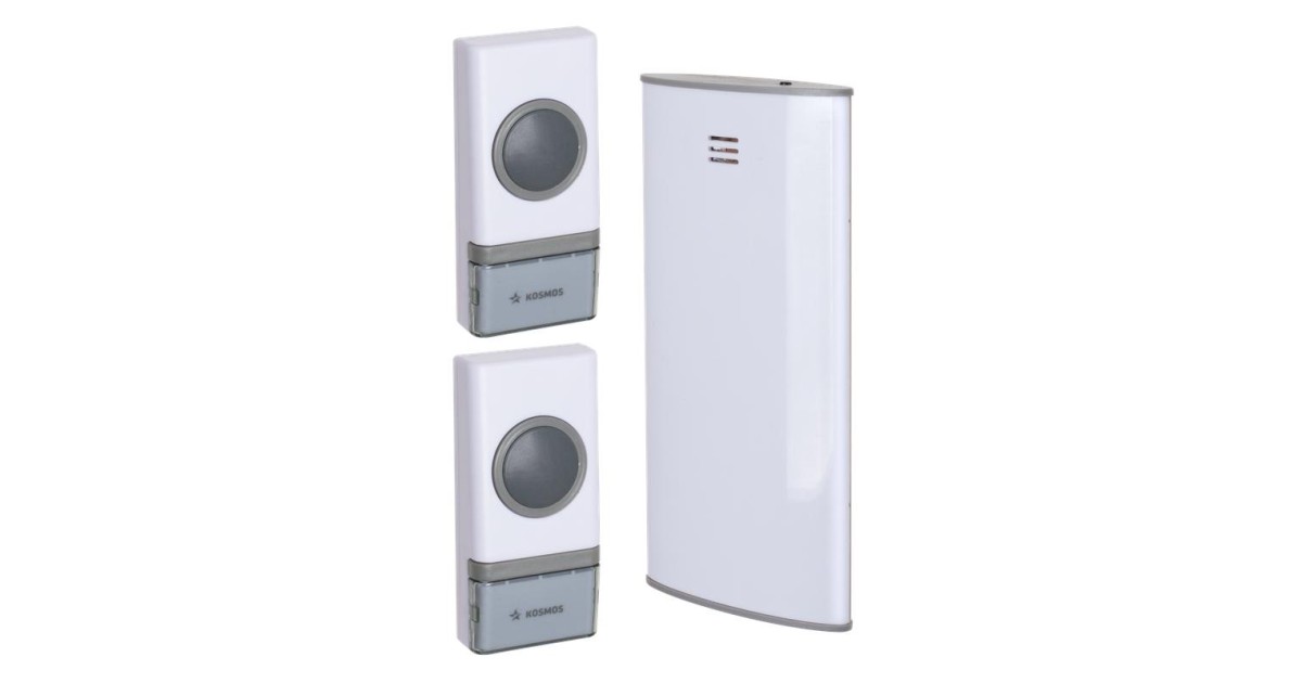 Купить Звонок беспроводной полиф. 23 мелодии 150м 2 кноп. 2хAA (не в компл.) бел. КОСМОС KOC_AG307C2 Космос оптом в Москве