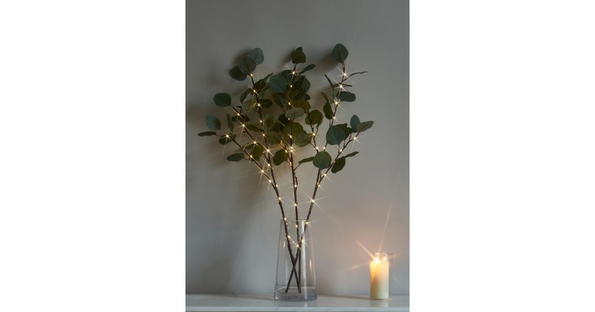 Купить Ветвь эвкалипта иммитация 62см 32LED тепл. бел. IP44 6ч таймер кабель корич. 50см КОСМОС KOC_INT-B131 Космос оптом в Москве