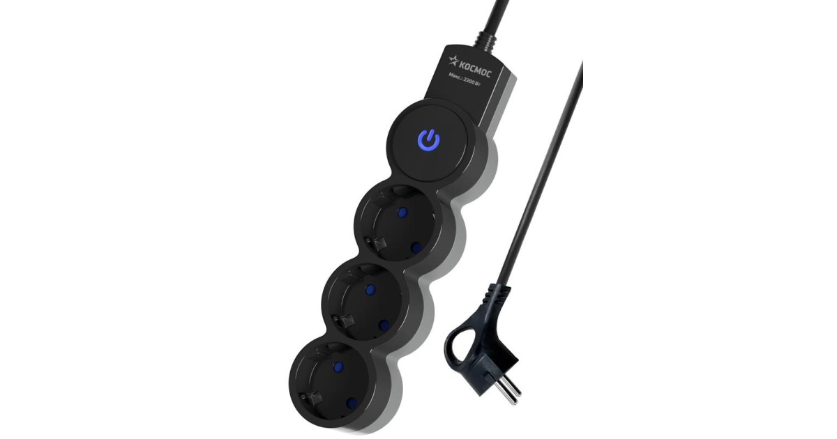 Купить Удлинитель 3х1.5м ПВС 3х0.75 с защ. шторк. с заземл. IP20 с выкл. 220В 10А 2200Вт черн. YKsm1.5m-3g-Z-V10A-B Космос оптом в Москве