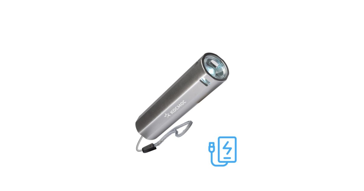 Купить Фонарь аккумуляторный ручной LED 1Вт линза аккум. Li-ion 18650 1.2А.ч Power-bank USB-шнур ABS-пластик KOS116Lit Космос оптом в Москве