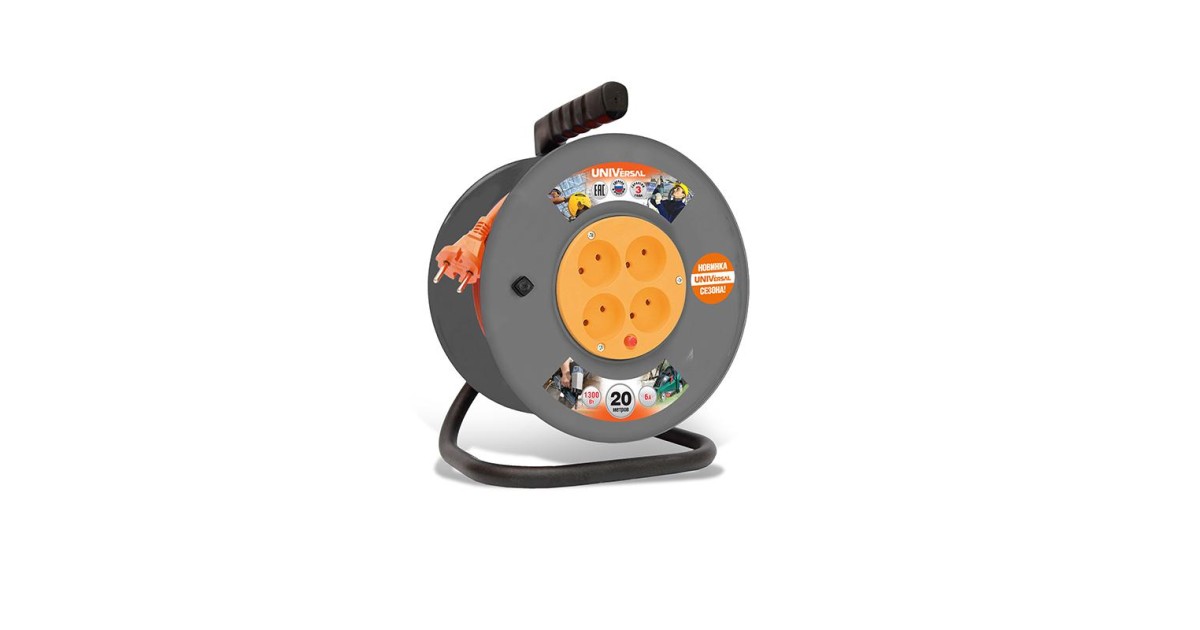 Купить Удлинитель на катушке 4х20м без заземл. 6А IP44 ВЕМ-250 ПВС 2х0.75 термозащита 9634146 UNIVersal оптом в Москве