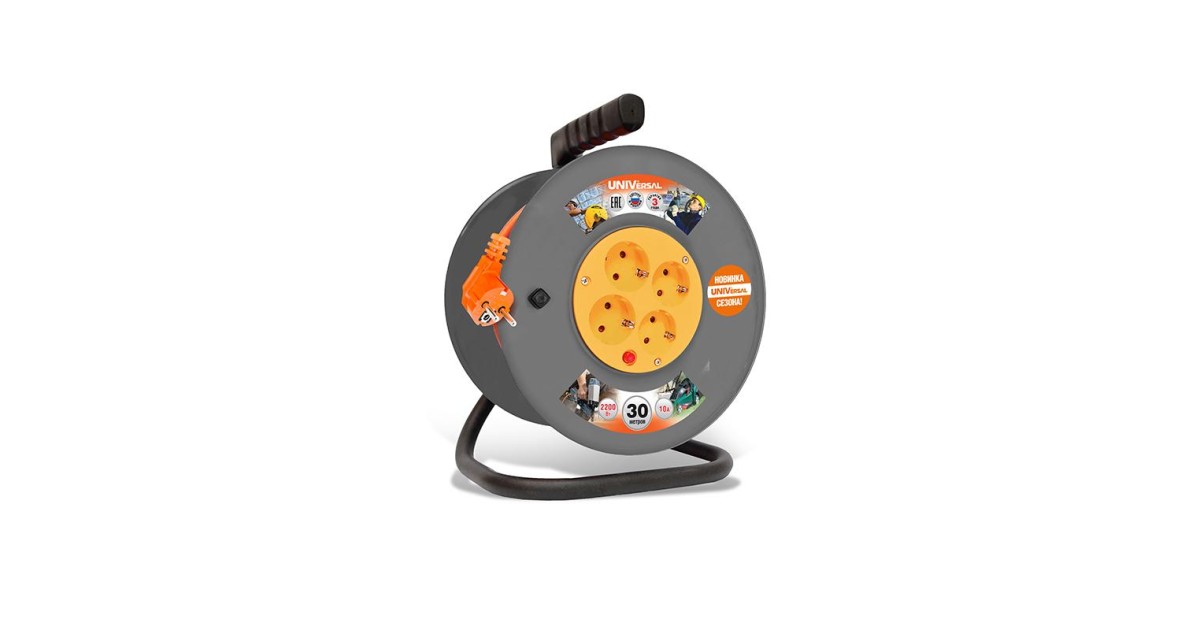 Купить Удлинитель на катушке 4х30м с заземл. 6А IP44 ВЕМ-250 ПВС 3х0.75 термозащита защ. шторки 1680 UNIVersal оптом в Москве