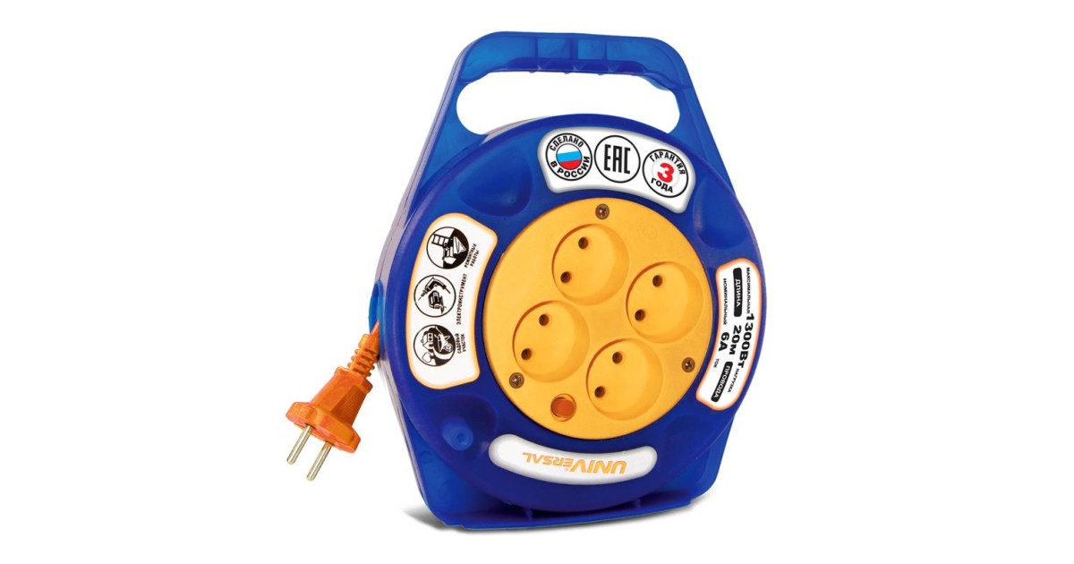 Купить Удлинитель в закрыт. корпусе 4х20м без заземл. 6А IP20 У6-015 ПВС 2х0.75 термозащита защ. шторки 9633902 UNIVersal оптом в Москве