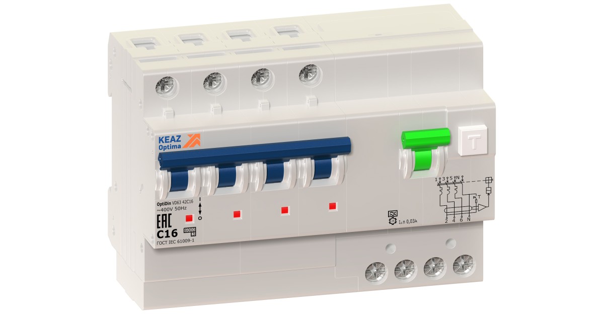 Купить АВДТ с защитой от сверхтоков OptiDin VD63-42C16-A-УХЛ4 (4P, C16, 30mA) 10кА (1шт) 350290 КЭАЗ оптом в Москве