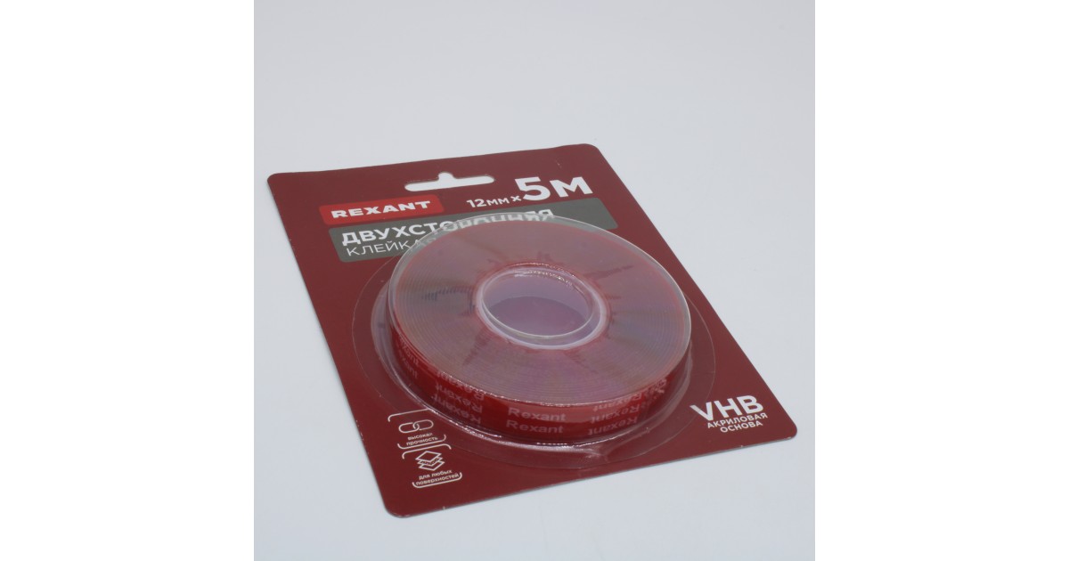 Купить Лента клейкая двухсторонняя прозрачная, на VHB акриловой основе, 12 мм х 5 м Rexant оптом в Москве